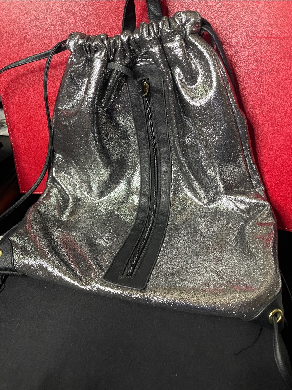Metallic Silver Drawstring Women’s Backpack (16.5x 14)